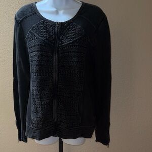 Lucky Brand Lace Inset Charcoal Gray Zip Up Knit Cardigan Women’s Size L
